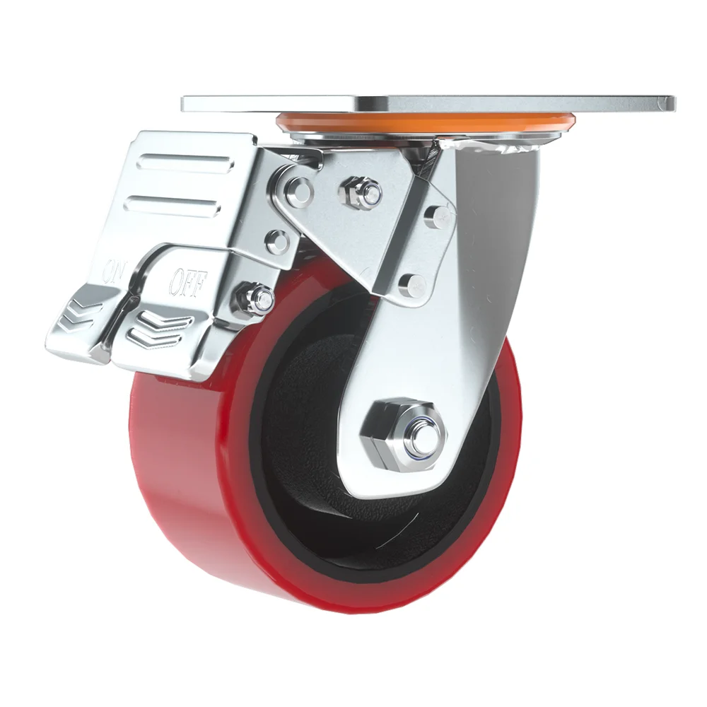 6 8 10inch Heavy duty mute Durable iron core  red polyurethane PU Rigid Swivel caster wheel with brake