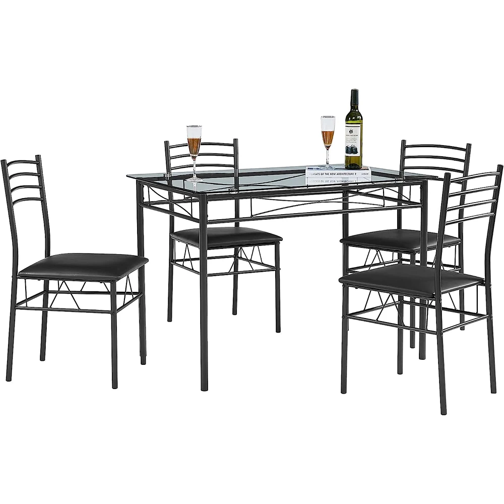 Modern Black Glass Top Dining Table Set with 4 Chairs