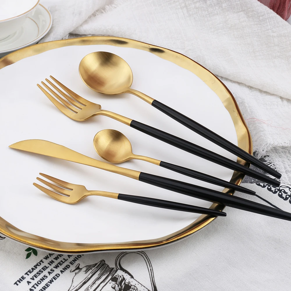 
Wholesale Golden Round Handle United Cutlery Set For Wedding Gift Black Gold Matte Stainless Steel Restaurant Flatware Sets 