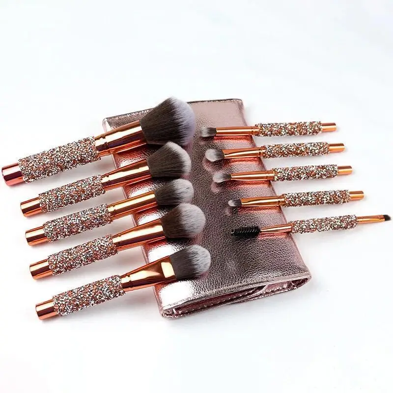 Luxury makeup brush set 10pcs rose golden glitter handle crystal diamond foundation brush set with PU bag makeup brushes