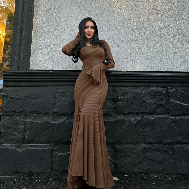 2024 Autumn and winter new round neck waist cinched trumpet dress temperament fish tail solid color long skirt