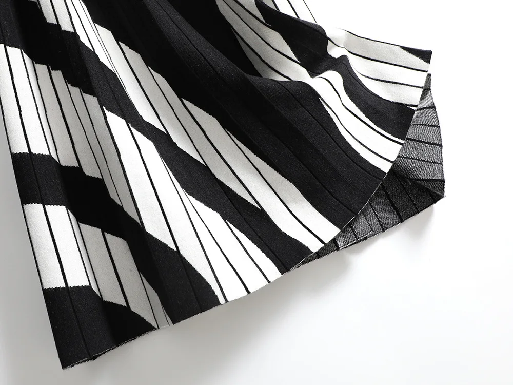 Women Fashion Color Blocking A Line Midi Long Skirt Stretch Waist Pleated Autumn Winter Knitted Pleated Skirt