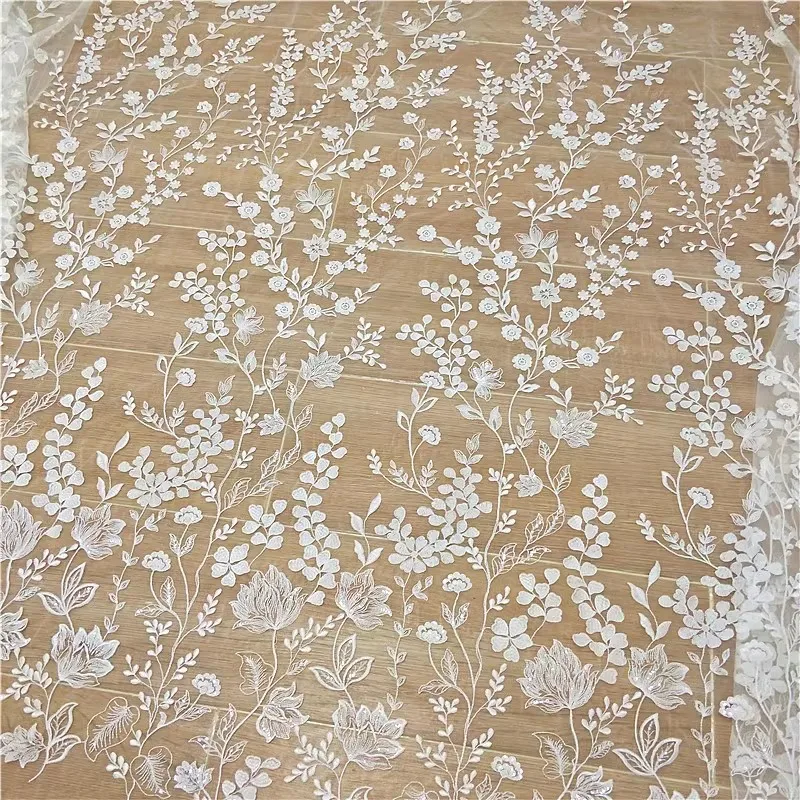 High quality wholesale beautiful small fresh forest style embroidery lace flowers leaves lace sequin fabric