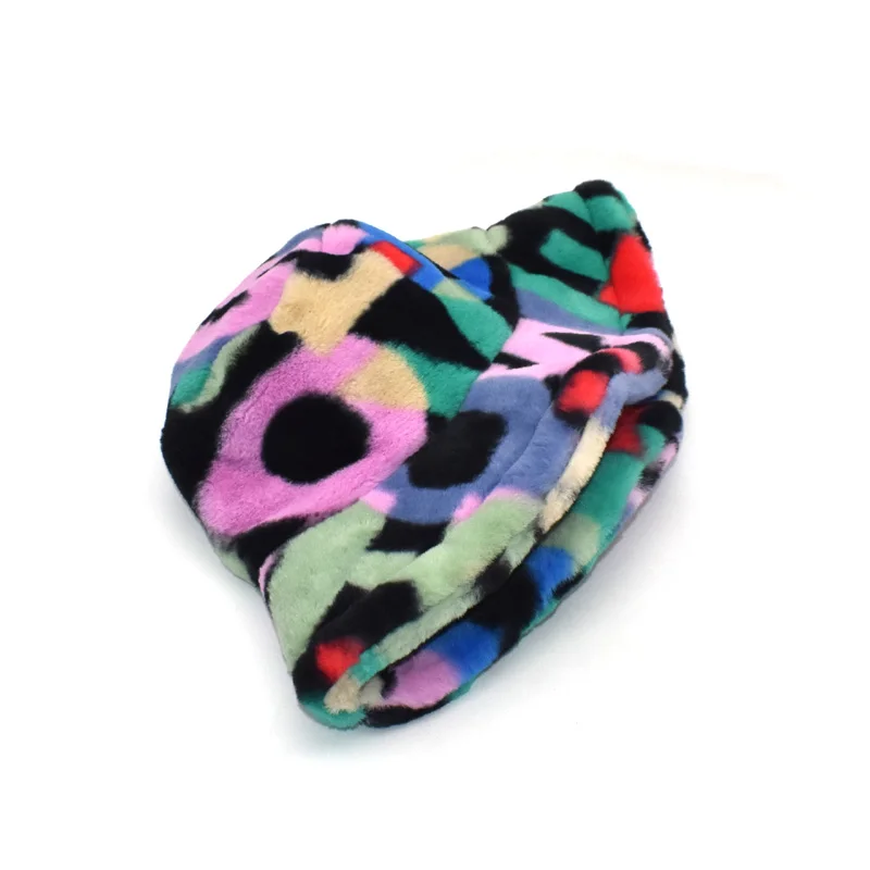 New Arrival Artificial Rabbit Fur Material Colorful Pattern  Bucket Hat