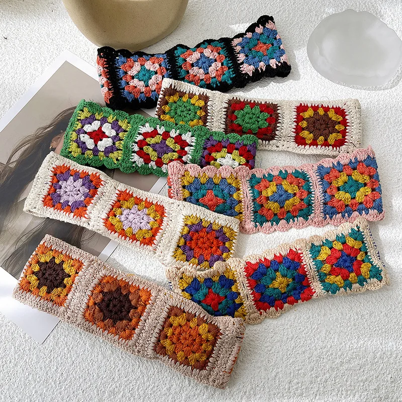 Bohemian Ethnic Style Vintage Fashion Women Girls Stretch  Headband Handmade Crochet Flower Pattern Elastic Sports Yoga Hairband