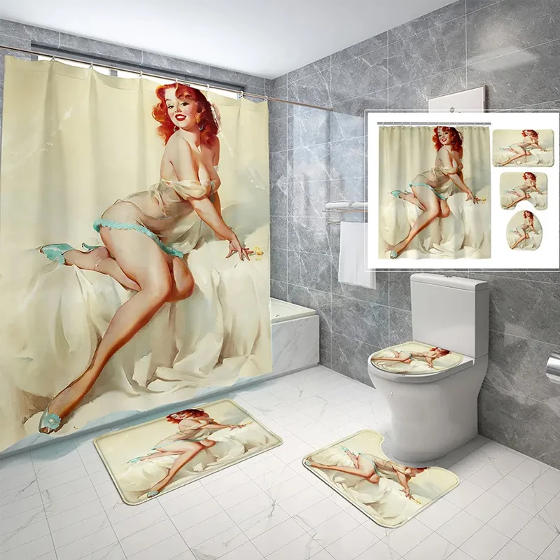 Bindi Sexy Naked Woman Shower Curtain Waterproof 3pcs Digital Printing Toilet Mat Set Bathroom Curtain with Hooks