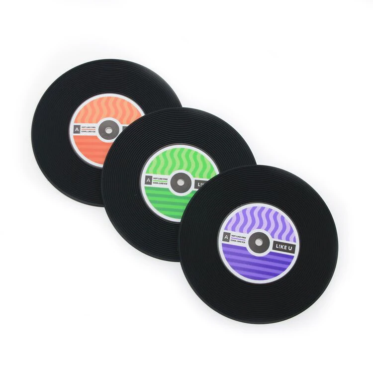 Giveaway Gift Vintage Record CD Vinyl Disc Cup Coasters Mat Custom Logo Rubber Pvc Coffee Beer Coaster Printed Non Slip Ring