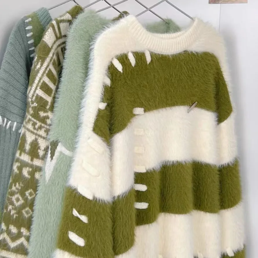 Striped Mink Fleece Pullover Sweater For Women Autumn And Winter Loose Knitted Sweater Top