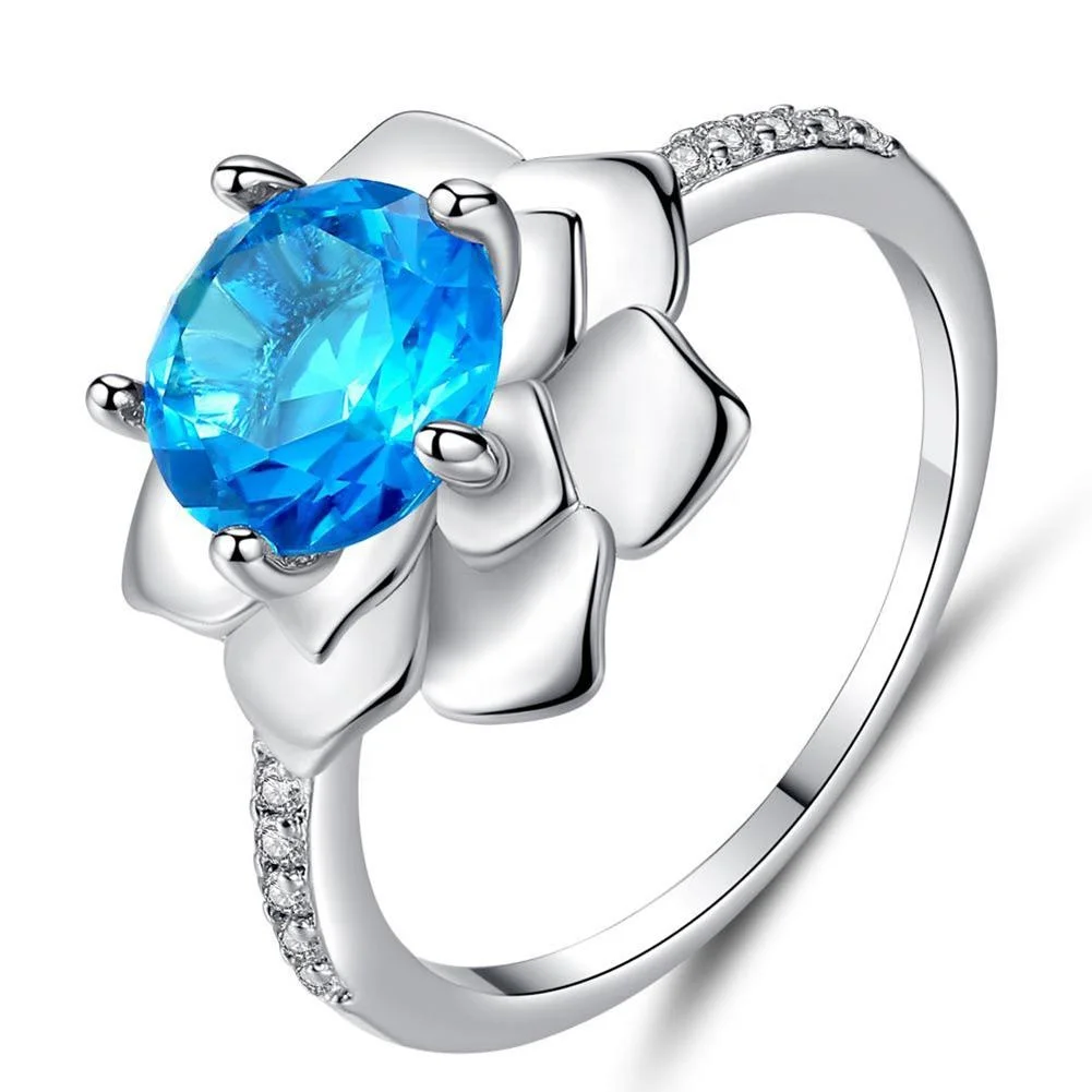 custom silver color trendy popular flower Rhinestone blue crystal rings jewelry women