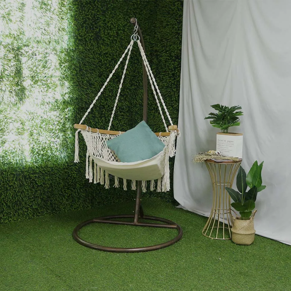 Hammock Chair Macrame Swing, Wide Bamboo Back Support Handmade Knitted Hanging Cotton Rope Hammock Swing Chair for Indoor Outdoo