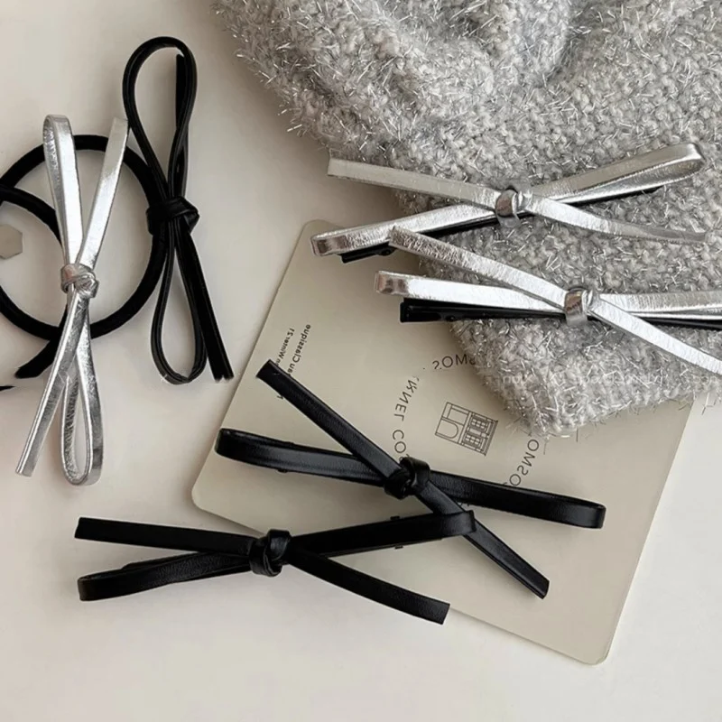 Luoyan Fashion Simple Style Solid Color Cortex Women BB Hair Clips Bow Shape Silver Hair Ties for Girl