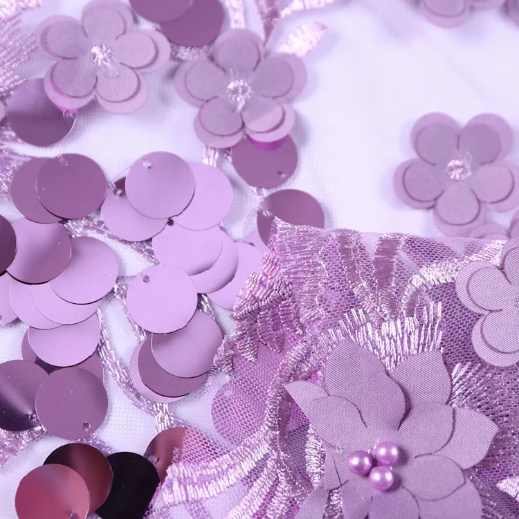 Elegant Applique Lace Purple 3D Beaded Sequin Embroidery Transparent Mesh Fabric