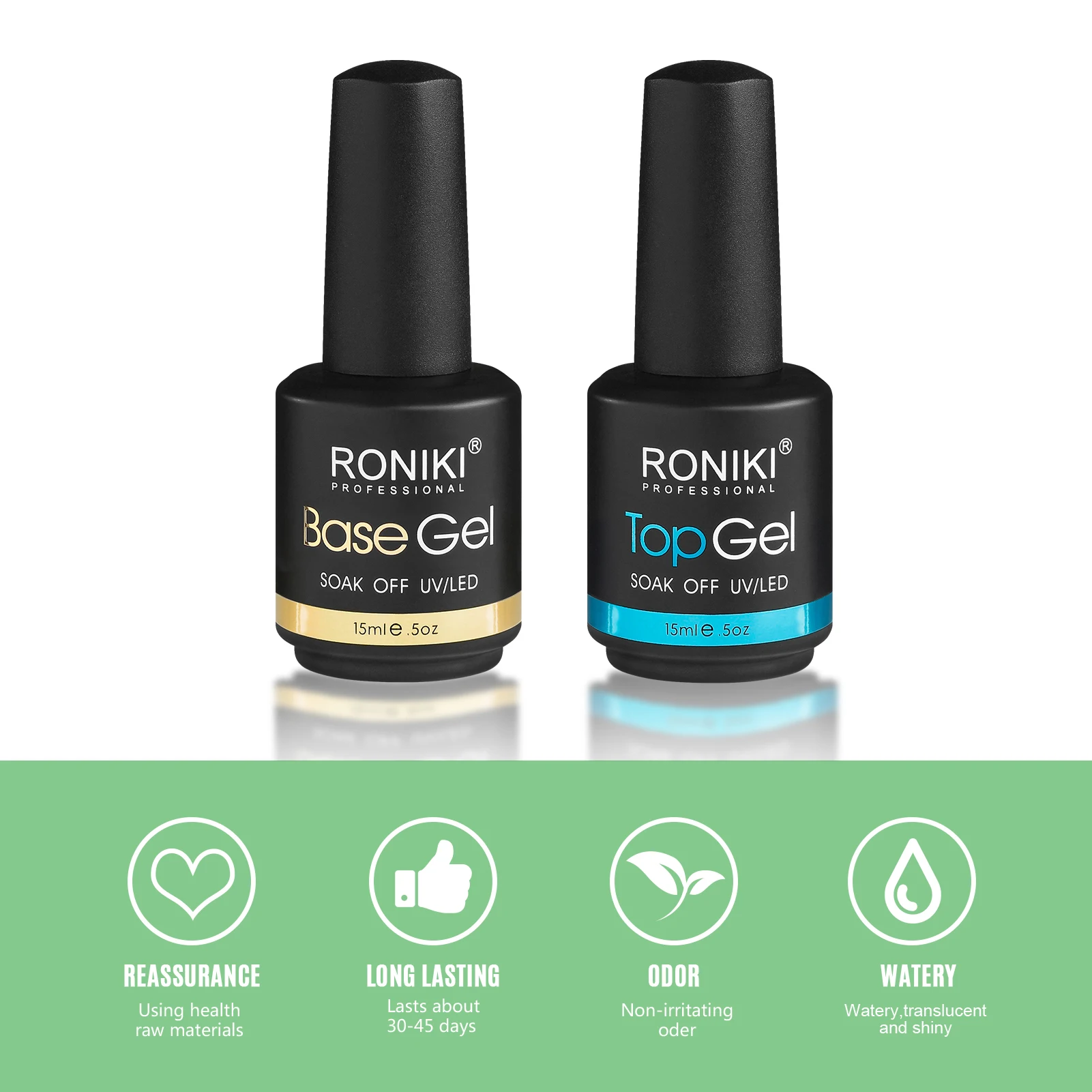 RONIKI new style gel top coat no wipe high shine wholesale private label Soak off top coat and base coat gel set