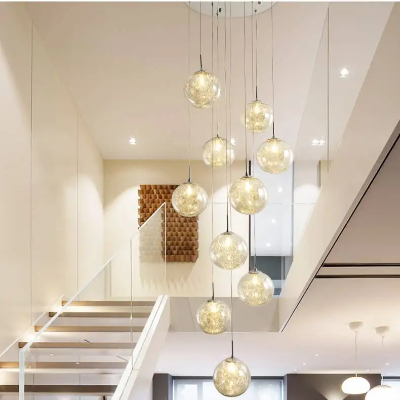 Современный скандинавский лестницы Творческая Стеклянный шар Led декоративный потолочный подвесной светильник люстра Дуплекс Здание проводом длиной лампы
