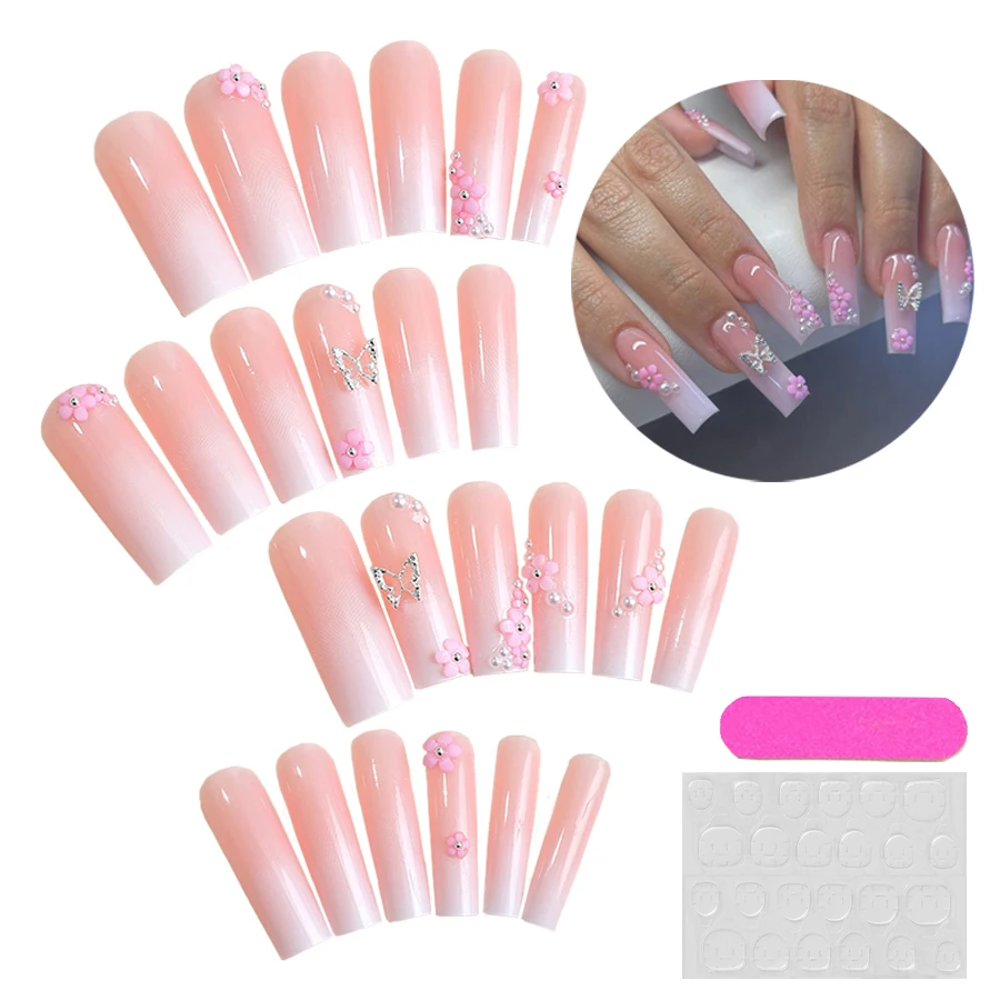RONIKI Wholesale Long Water Pipe Press on Nail Sheet Flower Water Diamond Butterfly Pearl Nail Sheet 24 Fake Nails