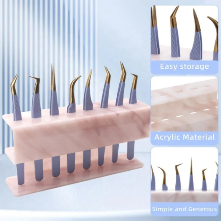 8 Holes Acrylic Pink Tweezers Holder Tweezers Holder Eyelash Extension Supplies Display Stand, 1 Pc (Pink Marble-8 Holes)