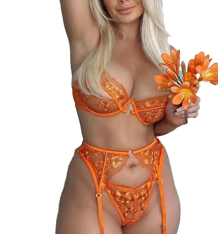 Custom Deep Love Cheapest Women Orange Embroidery Mesh Garter Lingerie Bra Panty Set With Leg Ring Wholesale Plus Size Lingerie