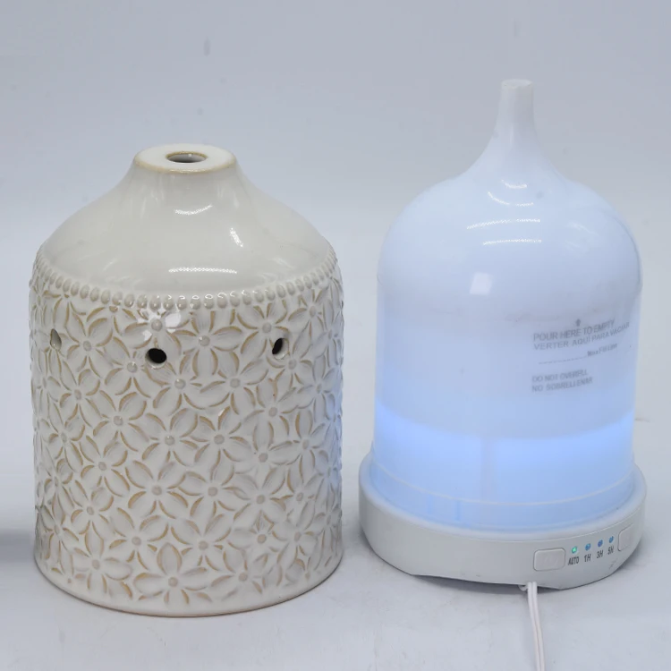 White Pillar Leaf  Pattern Hollow Out Ceramic Cover Glossy Electric Diffusers Essential Oils LED light Changing