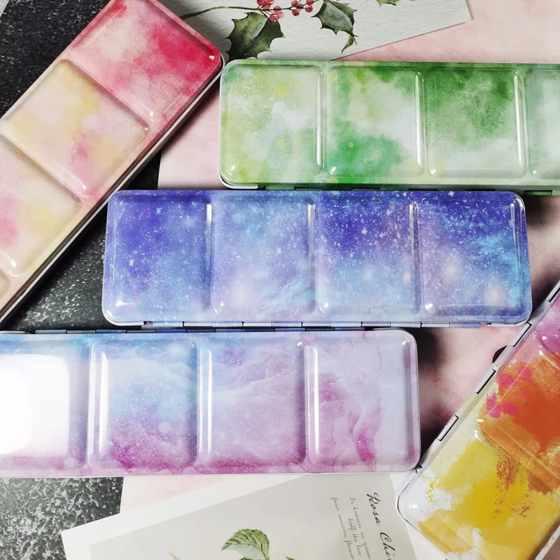 Заводская поставка, роскошная Акварельная металлическая жестяная коробка, пустая Акварельная жестяная коробка с 24 полукюветами