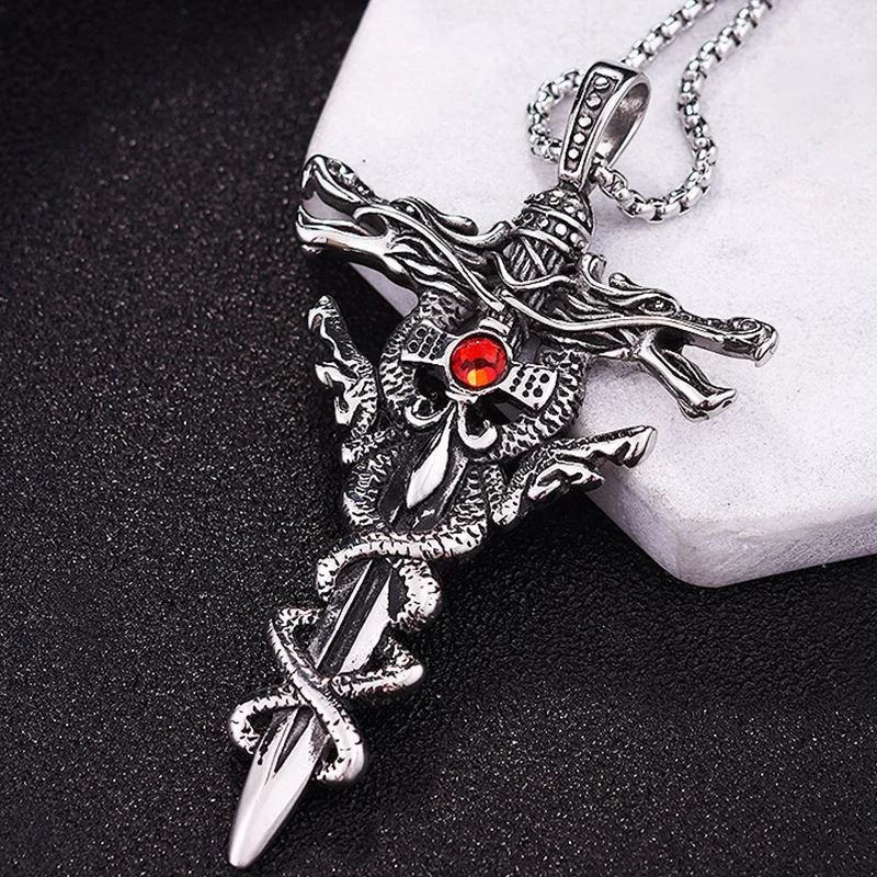 Creative Double Dragons Sword Pendant Necklace for Men Antique Silver Cross  Titanium Steel Necklaces Party Jewelry