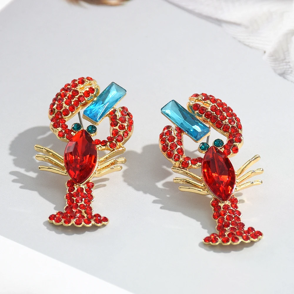 Wholesale Red Crystal Crayfish Dangle Earrings Fashionable Animal Shrimp Design Alloy Jewelry for Women for Gifts and Parties