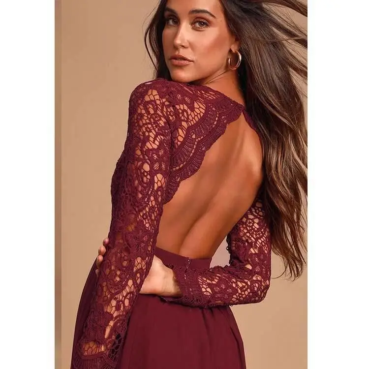 Elegant V Neck Backless Boho Style Bridesmaid Long Lace Sleeve Evening Dress For OEM