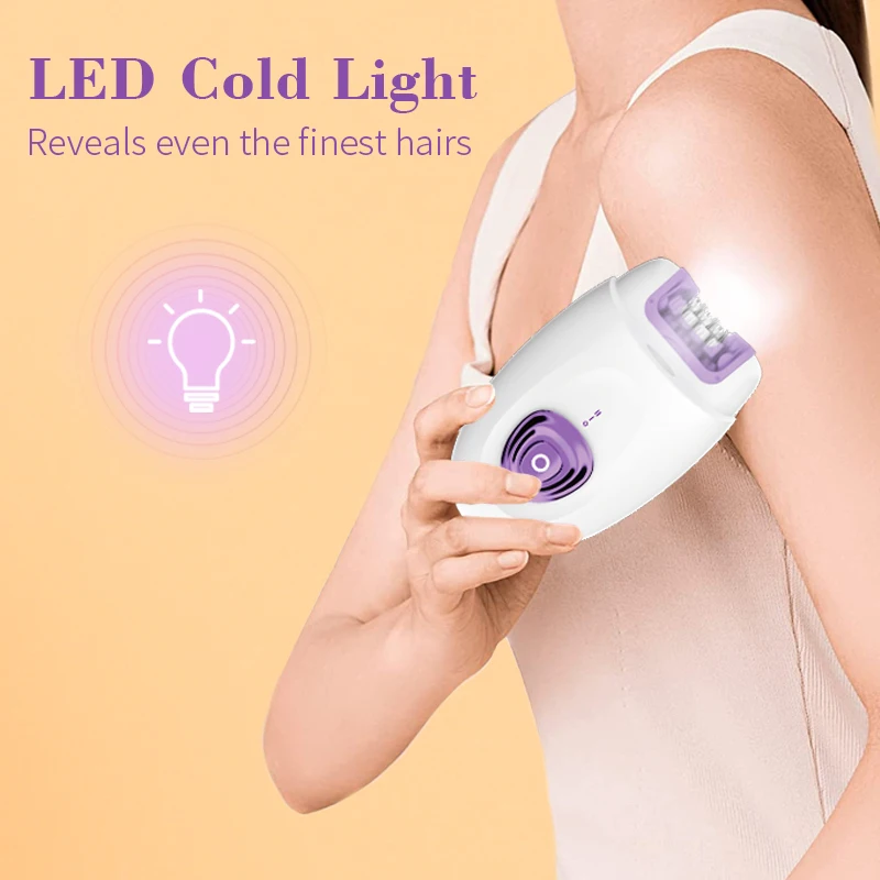 Two Detachable Hair Removal Heads Skin-friendly Hair Removal Epilator Cordless Ladies Electric Epilator with LED Light