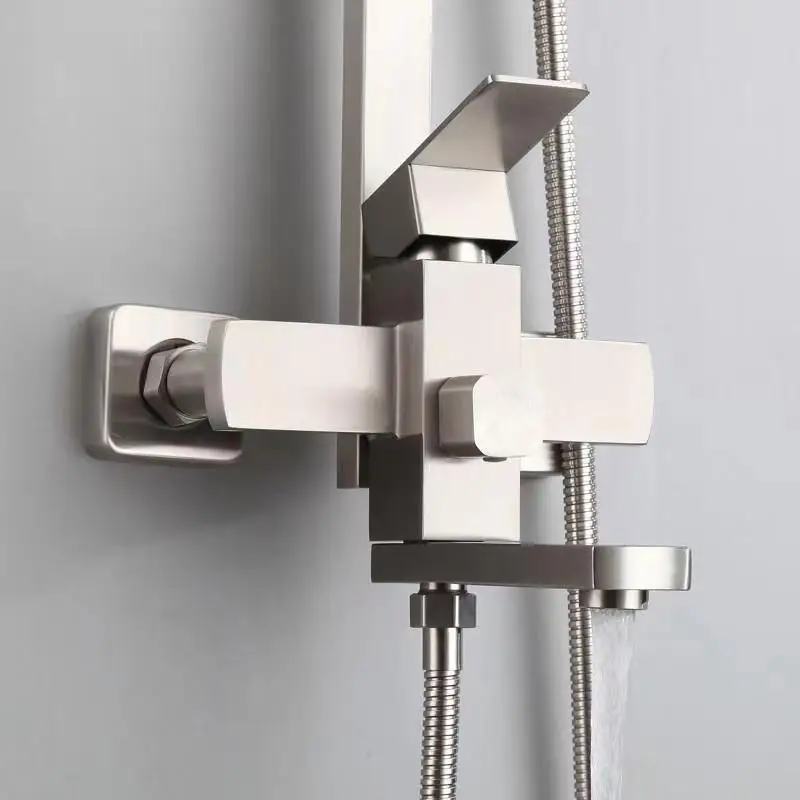 Stainless Steel Wall-Mounted Single Handle Bathroom Faucet With Square Nozzle Portable Shower Rod Bathroom Shower Faucet Set