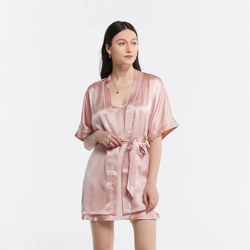 Hot Sale Custom Soft Solid Short Sleeve Satin Robe Above-Knee Length Silk Nightgown For Women