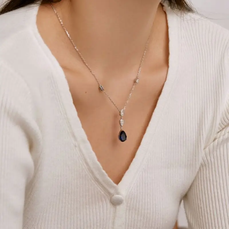 New Arrival Elegant Accessories Chain 925 Sterling Silver Cubic Zirconia Blue Pink Water Drop Pendant Necklaces  Jewelry Women