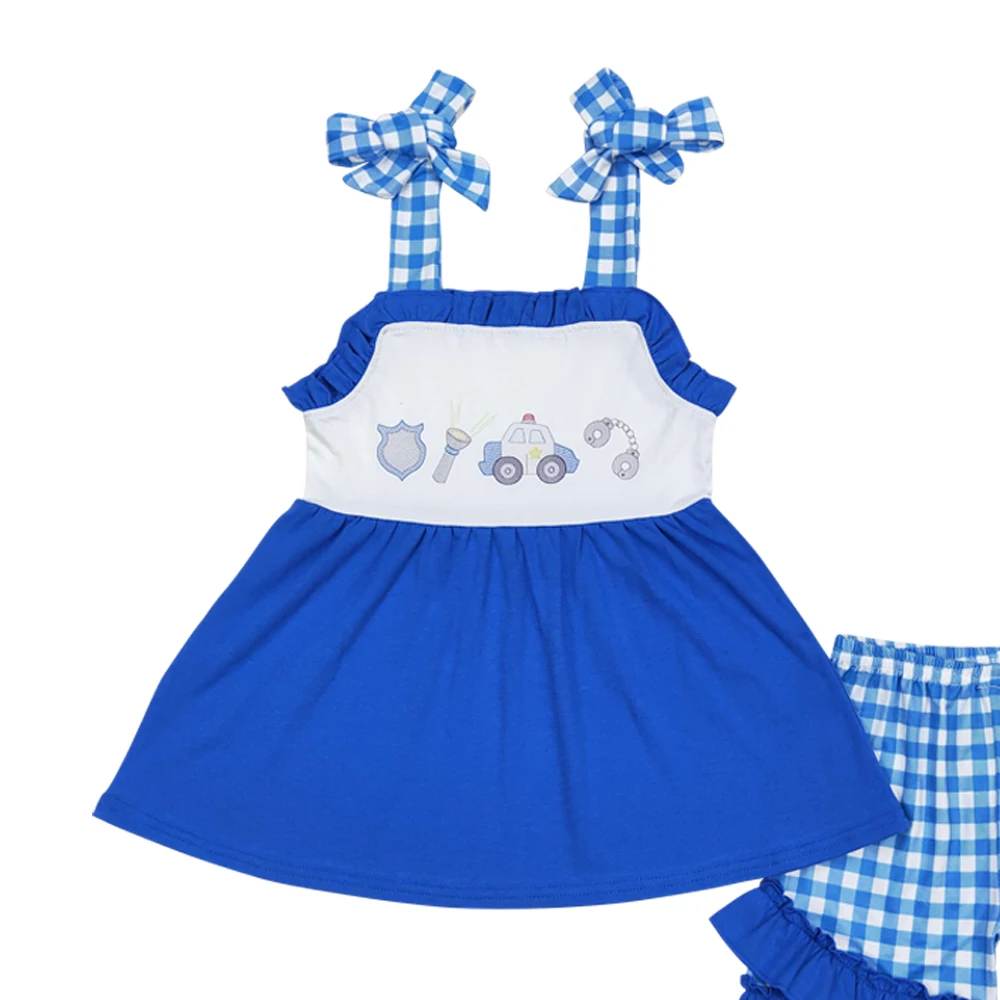 GSSO0717 Flashlights and police cars embroidered bow suspenders blue and white plaid shorts clothing sets for girls