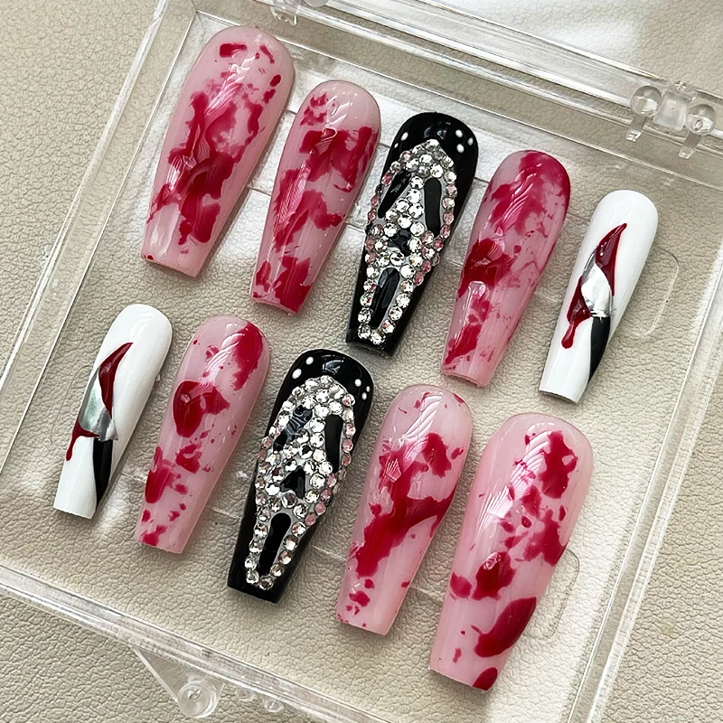Bling Rhinestone Handmade False Custom Logo Red Acrylic Press On Nails Medium Length