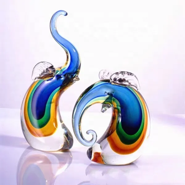 A pair Lovely Creative Office Desktop Decor Wholesale blue Colored  murano Glass Hand Blown Art Solid Elephant figurine