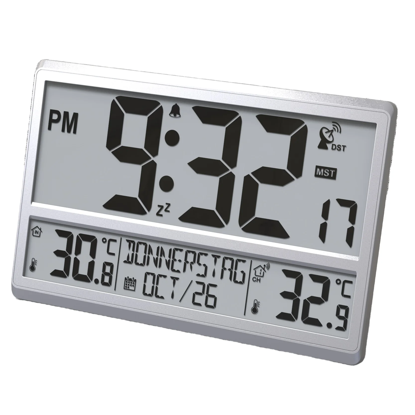 2022 New Digital Desk Clock Large Display Silver Jumbo Atomic Wall Clock with Indoor Outdoor Temperature