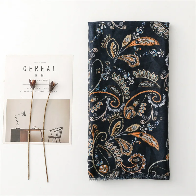Ethnic Style New Black Hook Flower Print Cotton Feeling Scarves Ladies Fancy Cashew Pattern Cotton Scarf Shawl Hijab With Tassel