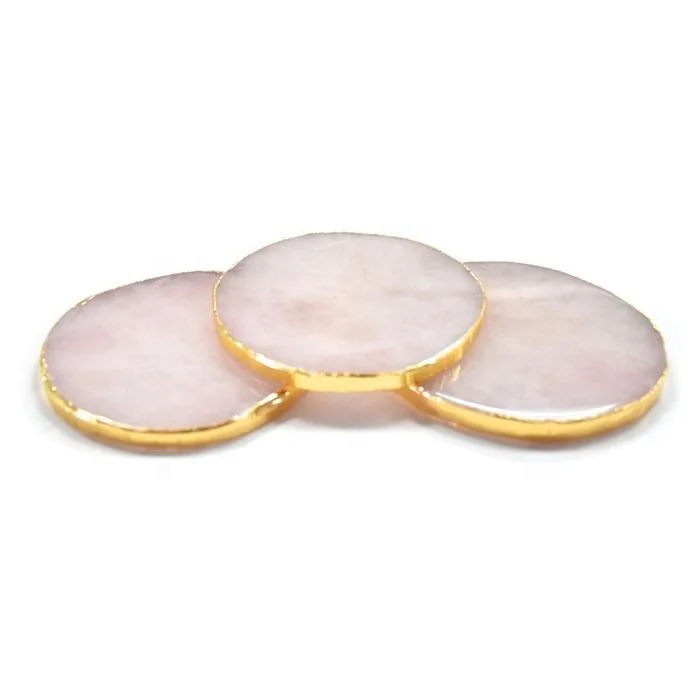
round rose quartz coaster, rose quartz coaster with gold rim for table decoration 
