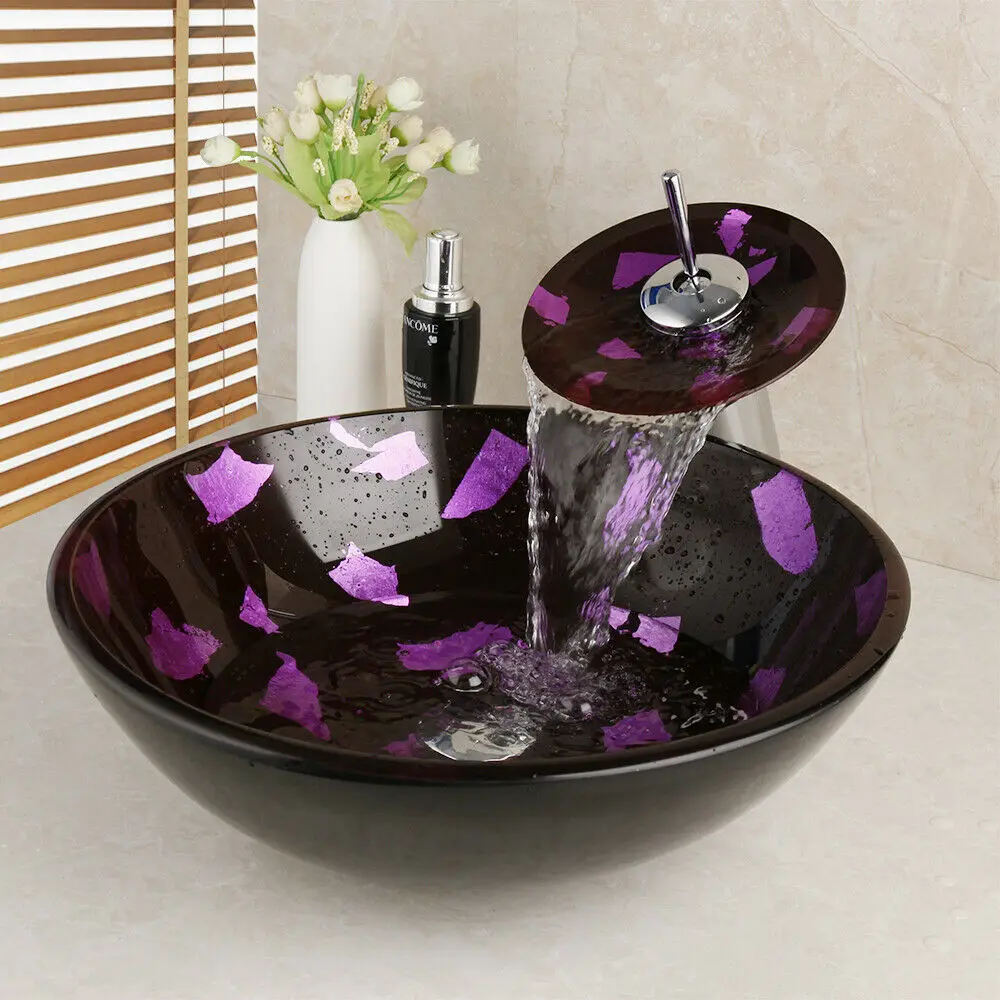 JIENI Purple Round Tempered Glass Art Basin Bowl Vessel Sink Mixer Waterfall Faucet