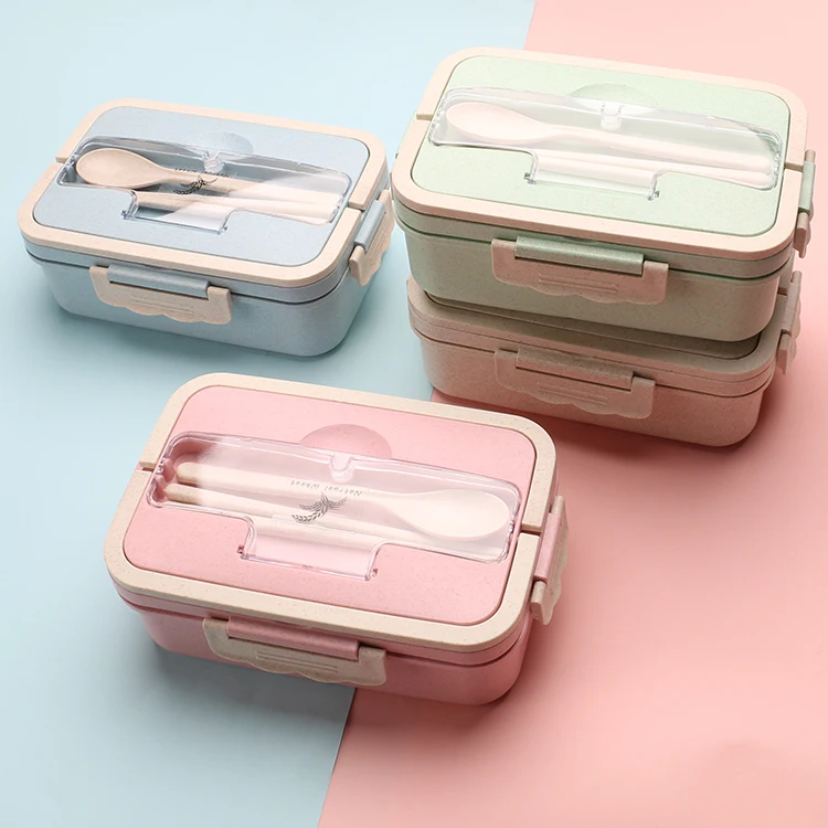 Hot Sell Wheat Straw Plastic Food Container Lunch Box with Chopsticks And Spoon