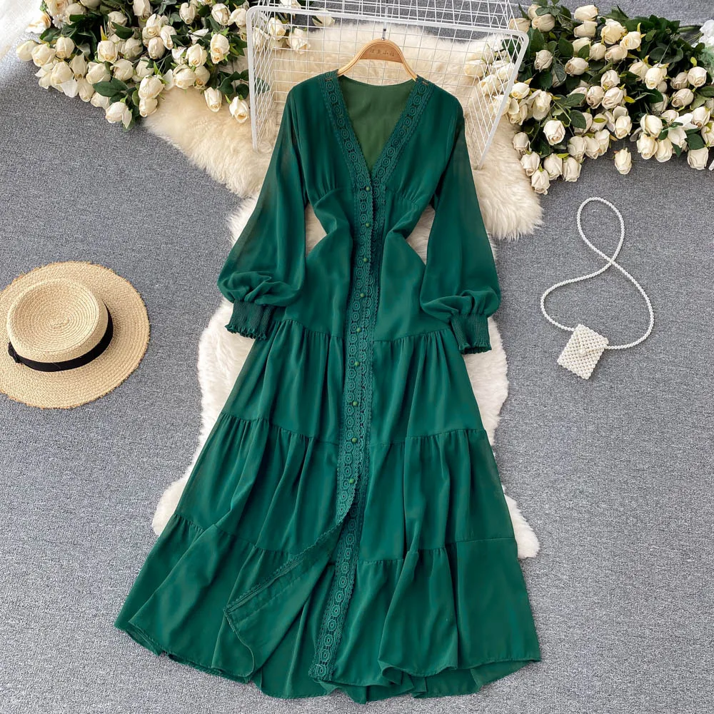 Custom wind lace v-neck dress waist slimming embroidery solid color dress