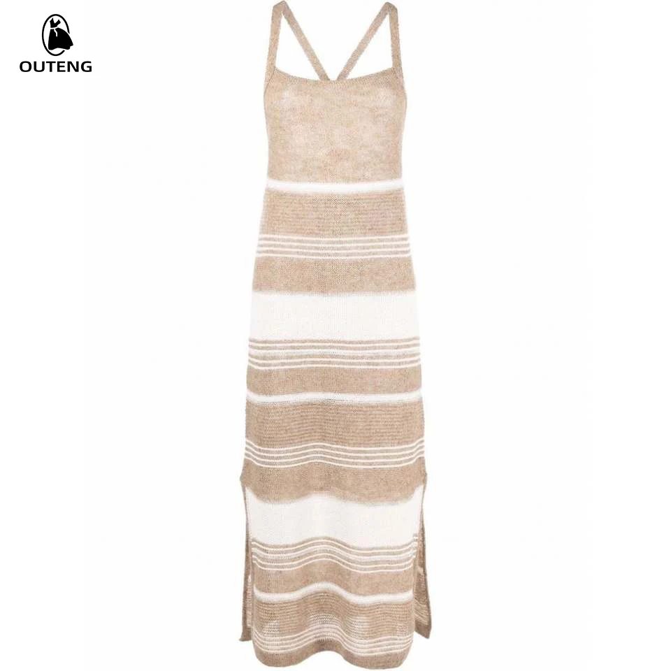 Stripe Backless Custom Summer Beach Casual Long Maxi Sweater Knit Slip Womens Dresses