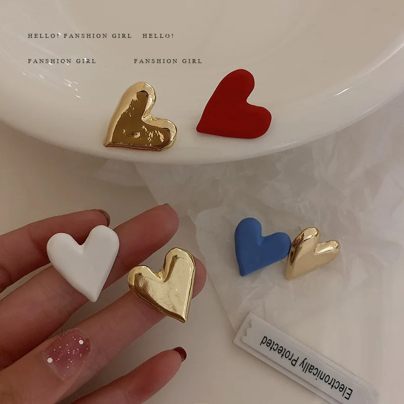 Jewelry 925 silver needle asymmetric candy color Love Earrings Korean temperament sweet simple lovely