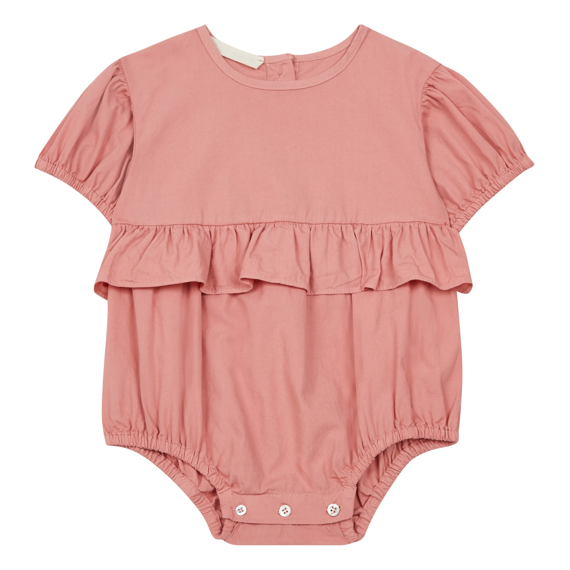 Summer Sleeveless Ruffle Baby Girl Custom Clothes Pearly Buttons Frill Rompers Round Neck Pearly Buttons Baby Girls Rompers