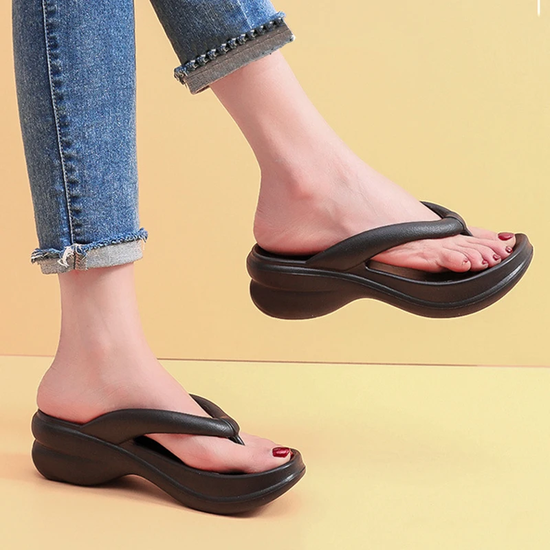 Wholesale Summer Beach Orthotics Platform Clip Toe Slippers Thick Sole EVA 6cm High Wedge Flip Flops For Women