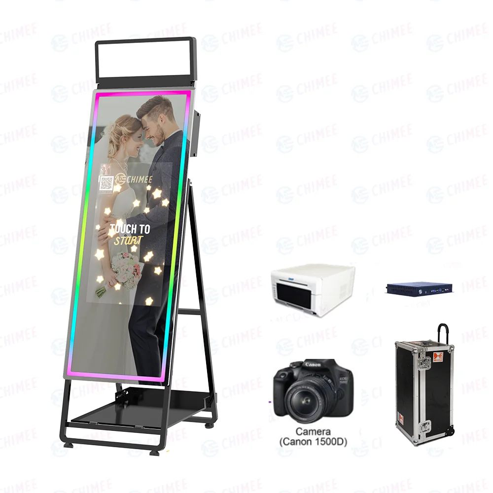 Fold mirror photo booth selfie machine  mirror 32 inch LCD touch screen built in mini pc photo booth shell with flight case