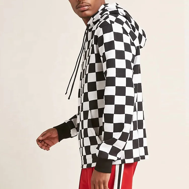 Wholesale Fleece Pullover Plaid Long Sleeve Checked Hooded Sweatshirt