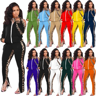 
Leopard Spliced Two Piece Set Women Off Shoulder Long Sleeve Zipper Jackets Tops and Split Hem Jogger Pant Active Wear Outfits 