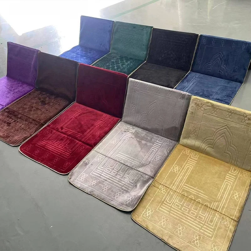 Wholesale price prayer mat luxury Muslim worship mat embossed foldable mosque carpet backrest