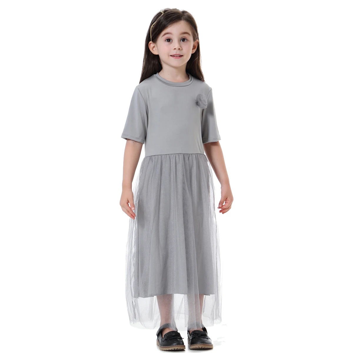 LangChi Indonesia Qatar Malaysia Dubai Abaya Muslim Girls Summer Dress Short Sleeve Islamic Clothing