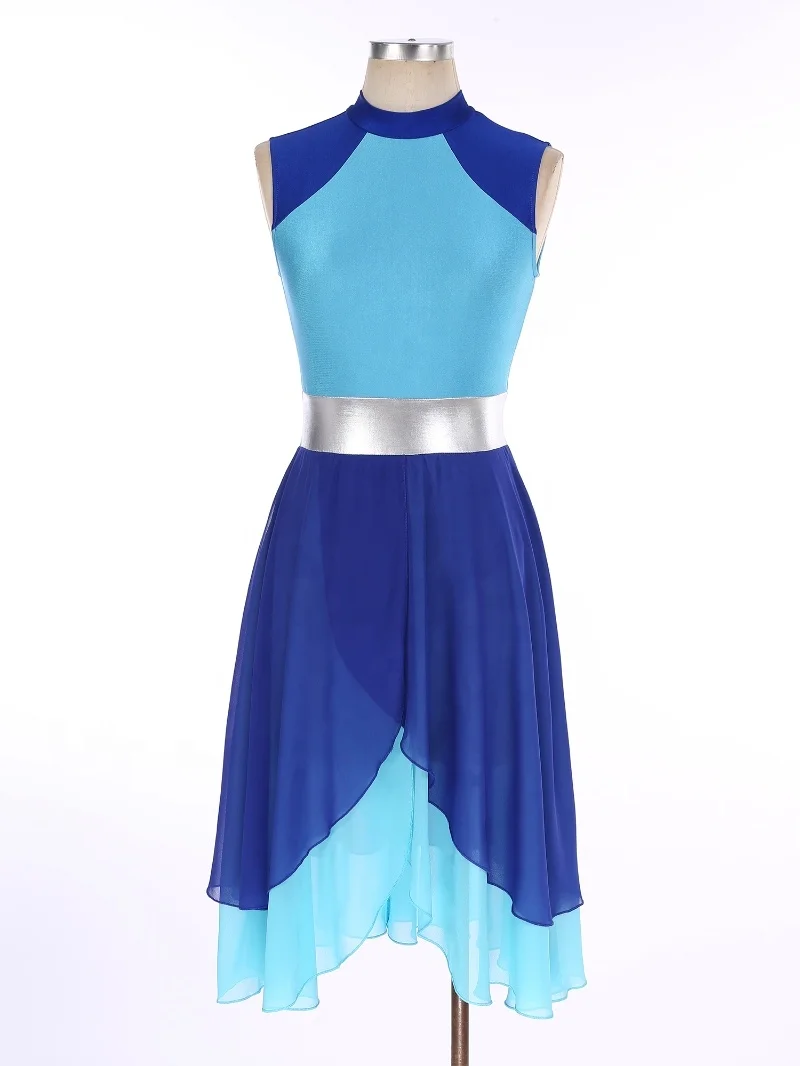 Newest Womens Color Block Mock Neck Split Asymmetrical Hem Dancewear Dresses Sleeveless Dance Dress