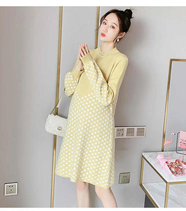 Осенне-зимнее трикотажное платье для беременных с принтом в горошек Лоскутная Одежда для беременных элегантные свитера Одежда для беременных